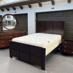 BEAUTIFUL SET QUEEN W BOX + MATTRESS / DRESSER W MIRROR & NIGHTSTAND - BY VIETINAM FURNITURE - SOLID WOOD - EXCELLENT CONDITION - Delivery Available