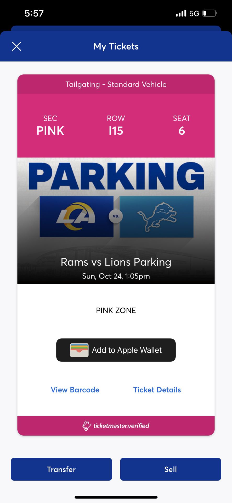 Rams vs Lions Tailgate Parking Pass 