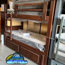 Twin Twin Bunk Bed Heavy Duty Pine 🪵 W/ Mattresses
