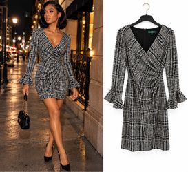 Lauren Ralph Lauren Dress Womens 8P Black White Plaid Ruched Ruffle Sleeve