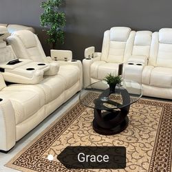 Party Time 2 PCS SOFA AND LOVESEAT White LED Power Reclining Living Room Set 🎀$3749