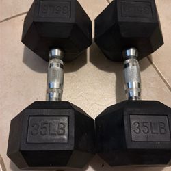 35LB Dumbbells Pair (70lbs Total) – Rubber Hex – Used