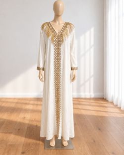 White Kaftan Maxi Dress with Gold Embroidery