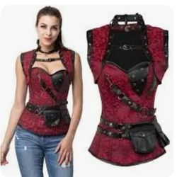 2XL Red/Black Embroidery Floral Steel Boned Corsets and Bustiers Steampunk Corset Top With Pocket Belt and Jacket Gothic Clothing


