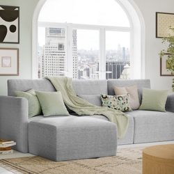 NEW Sectional Sofa W/ Ottoman by Drew Barrymore, 3 Person Couch - Gray Fabric !