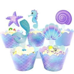 40Pcs Mermaid Cupcake Wrappers Toppers, Include 20pcs Cake Topper and 20pcs Wrappers Double Side, Little Mermaid Theme Decoration Under The Sea Birthd