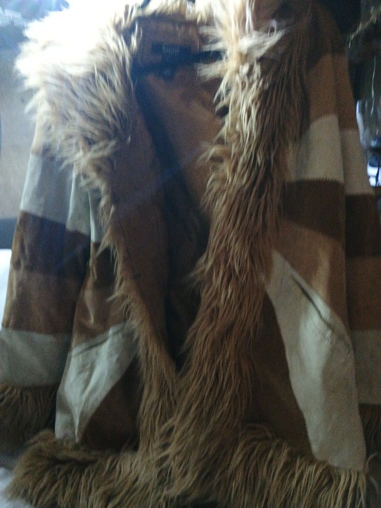 Iconic Penny Lane Style Ytk Vintage Patchwork Suede fur Trim Coat