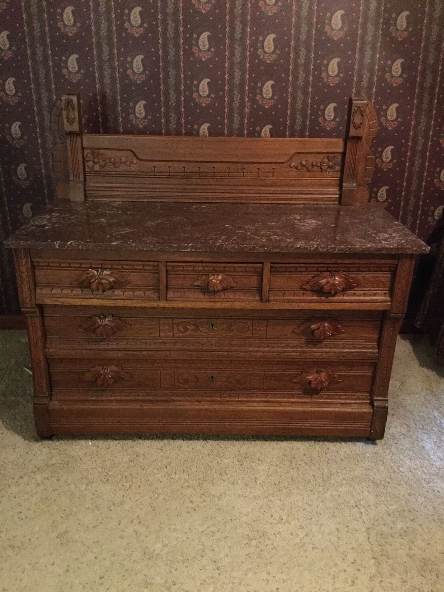 Antique Eastlake oak marble topped dresse