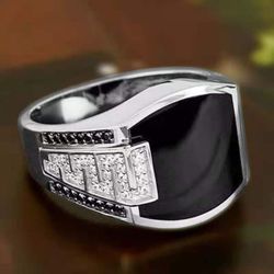 Men's Classic Anillos Black Inlaid Zircon Silver Ring - Size 10