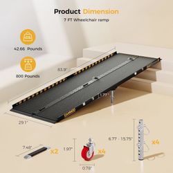 7 FT Portable Wheelchair Ramp-800LBS Heavy-Duty, High-Strength Aluminum Alloy with 4 Adjustable Legs, 4 Wheels, Triple Anti-Slip and Seamless Design, 
