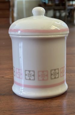 Ceramic Canister w/ Lid, White Pink Gray Floral Band, 16 oz, 5.5 in