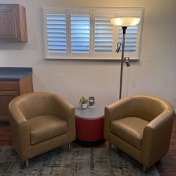 Camel Tan Faux Leather Barrel Accent Chairs + Modern End Table (Set of 3)