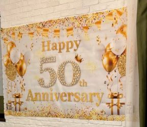 Happy 50th anniversary banner, gold theme wedding 71 x 43inch (180x110cm)