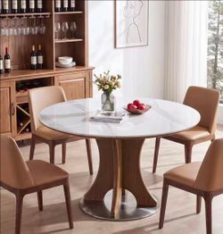 HL0506AB 47" Luxury Sintered Stone Dining Table, Solid Wood Round Kitchen Table for 4-6 People