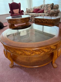 Round Wood and Glass Coffee Table Set