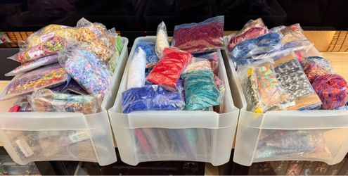 UPDATED New Specialty Fibers, Ribbon, Embroidery Floss+ new Plastic Cross Stitch Canvases, used Snapware Stacked Storage + Ribbon Spool Storage Stands