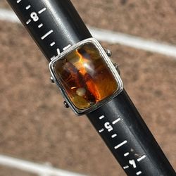 Sterling Silver Owl Amber Ring Sz 7