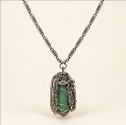 Wire-Wrapped Green Stone Pendant Necklace
