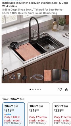 Black Drop-in Kitchen Sink:28in Stainless Steel & Deep Workstation 8.68in Deep Single Bowl / Tailored for Busy Home Chefs / 40% Quieter 3mm Sound Damp
