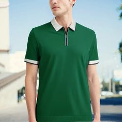 Men's Casual V-neck Cotton Zipper Short Sleeves Slim Fit Polo Shirts For Summer