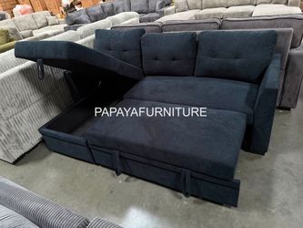 New Reversible Chaise Sectional Couch with STORAGE and Pullout Sleeper Bed Sofa Set Sofabed Navy Black Chaise Lounge Small Living Room Space Saving