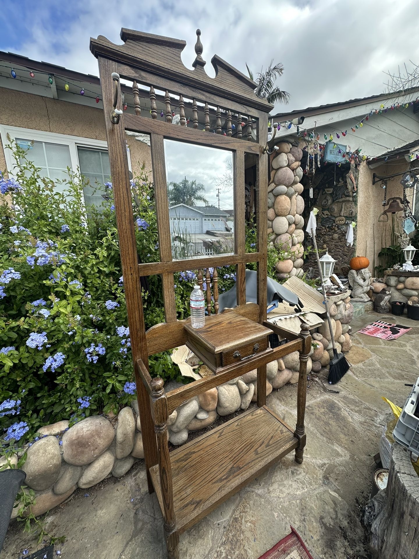 Vintage Oak Wood Hall Tree With Beveled Mirror 