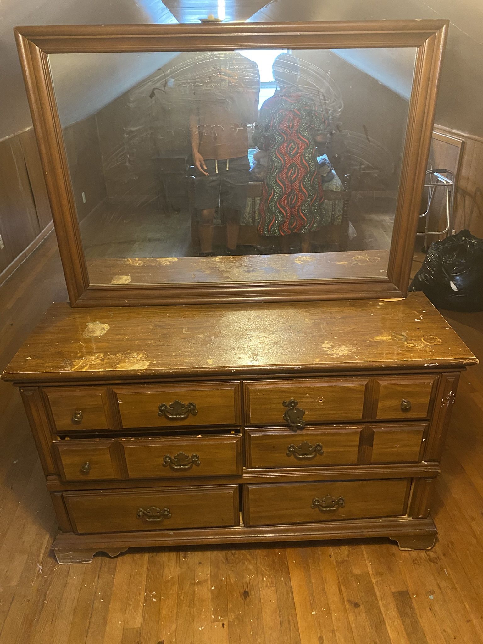 Wooden Six- Drawer Dresser With Mirror