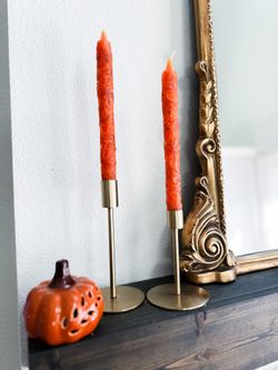 Set of 2 Autumn leaves carved pumpkin Thanksgiving taper candles