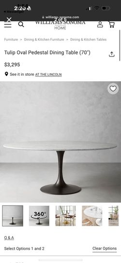 Williams and Sonoma Tulip Oval Pedestal Dining Table (70") Carrera marble top originally over &4k with white glove delivery   Now $2000