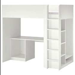 Bunk bed with desk under, cabinets, closet, and storage space