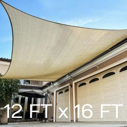 New In Box 12x16 Feet Sun Block Shade Sail Rectangular Screen With Anchor Ropes Tan Color Not A Waterproof Tarp