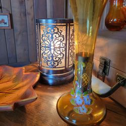 Vintage Amber Hand Blown Bohemian Glass Vase Hand Painted Flowers Gold Accents