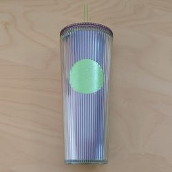 New Starbucks 24 Oz Neon Green Purple Tumbler Iced Coffee Cup Striped Pleated Lime Lilac