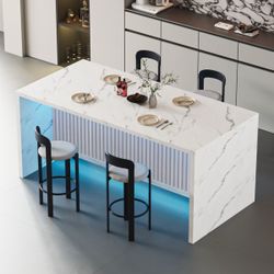 71" Large Imitation Dining Table For 4-6 People, Island Table With Led Lights, Mordern Marble Stripes Kitchen Dining Table With Grille Design For Dini