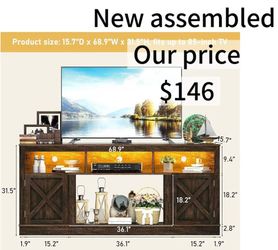😀 Farmhouse TV Stand for 70/75/80 Inch TV, 32”Tall Entertainment Center w/LED Light, Large Media Console Cabinet w/Barn Doors Adjustable Shelves for 