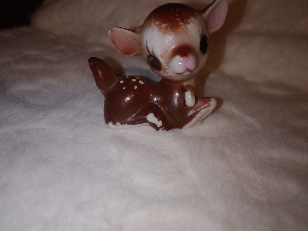 Vintage Deer Figurine with Baby Fawn on Chain Leash, Porcelain Ceramic Deer Figure 1950's Japan Bow Tie Anthropomorphic Animal Fawn Figurine