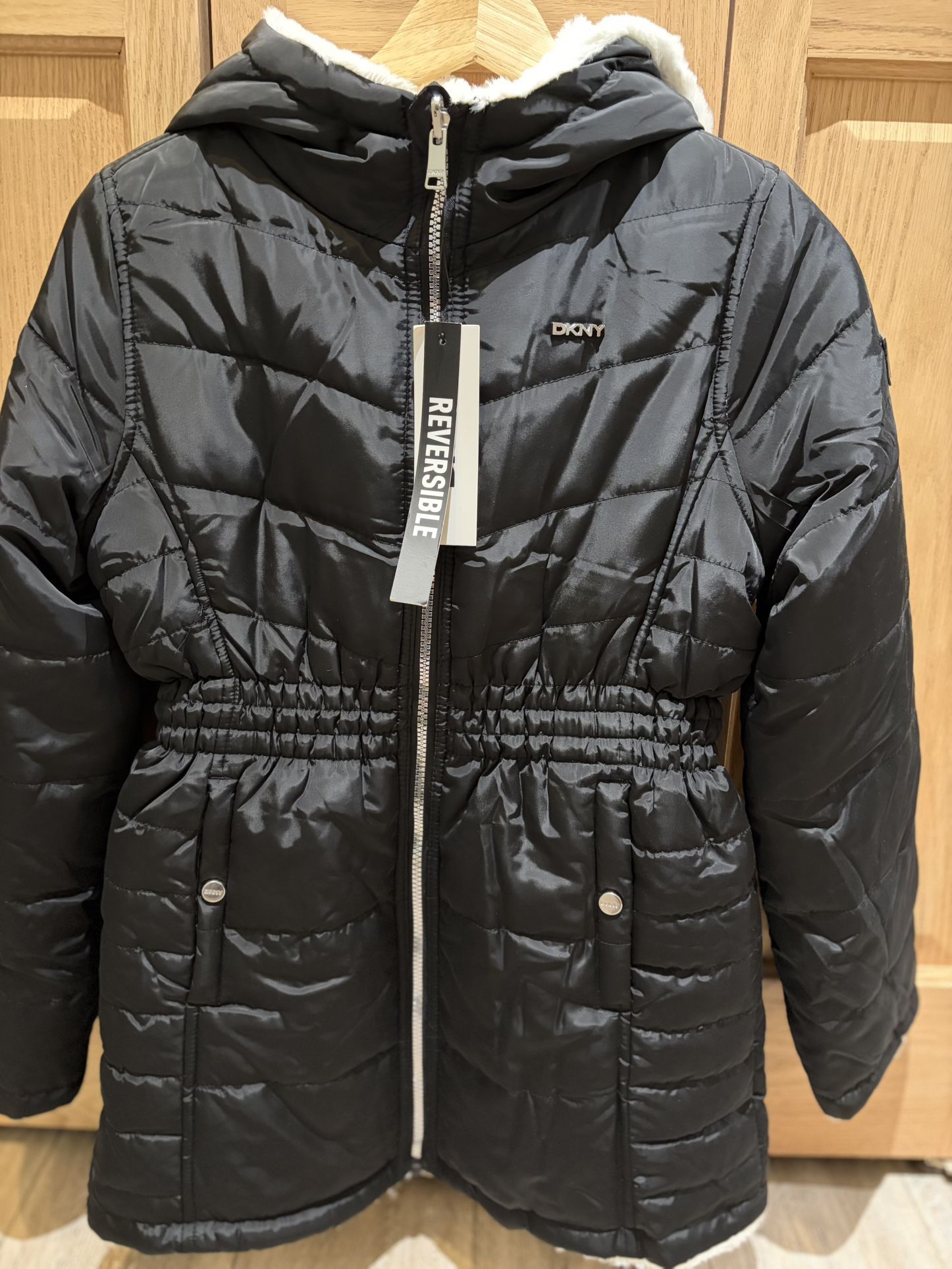 DKNY girls Black/White Reversible Hooded Anorak Coat Size L 14/16 New