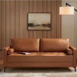 NEW GOODWIN  SOFA 76"FAUX LEATHER MID CENTURY MODERN SOFA WITH BOLSTER PILLOWS IN CARAMEL BROWN COLOR