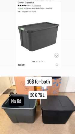 sterilite 20 gal 76 l  20-Gallon Heavy Duty Plastic Storage Bins with Lids, 2 Pack 20-gal stackable storage totes with dual latching lids, Weather-res