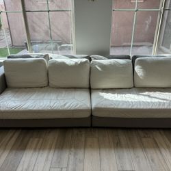 Large 11 Foot Modern Grey Couch  with Cream Leather Cushions