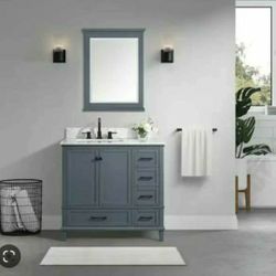 Merryfield 37 in. W x 22 in. D x 35 in. H Bathroom Vanity in Dark Gray with Carrara White Marble Top