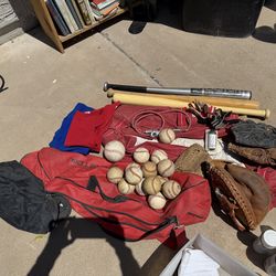 Baseball bats, ball, bags, mitts, catcher mitt