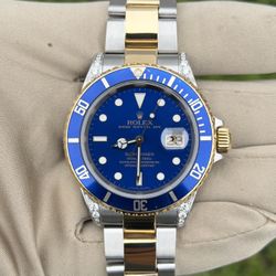 Rolex Submariner Watch Blue Dial 16613 18K Custom Diamond Set Lugs