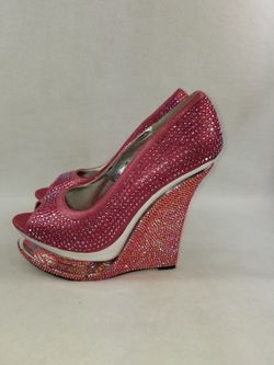 Lady Couture "Flamingo"Rhinestone Wedge Pep Toe Shoes, Pink Size 7