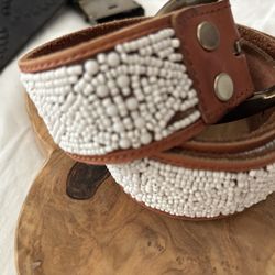 Lucky Brand White beaded On brown leather belt