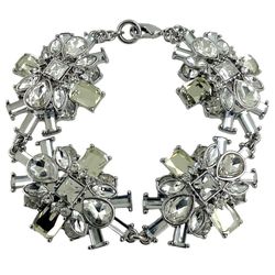 Art Deco Style Woman Bracelet, S/M, Floral Links, Silver Tone Metal, Rhinestones
