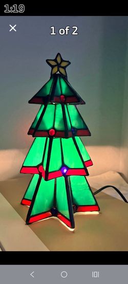 Tiffany-style Vintage Christmas tree lamp handcrafted stained glass in green and red with blue 10"