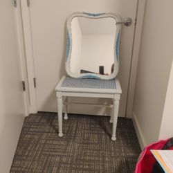 Vanity Chair,  Off White And Silver/ Blue Wicker Seat And Mirror
