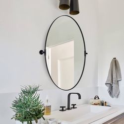 Oval Pivot Mirror for Wall Mounted Bathroom Vanity, Metal Framed Tilting 20*28in