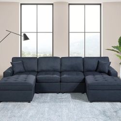 3-Piece Sectional Set RAF/LAF Chaise + Armless Loveseat (Armless Chair x 2)  Color: Dark Blue.   💢 Bonito Juego De Sofas De 3 Piezas Nuevo En Caja 